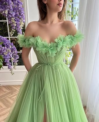 Off The Shoulder Fairy 3D Flower Tulle Prom Dress for Teens Long A Line Princess Evening Party Gowns