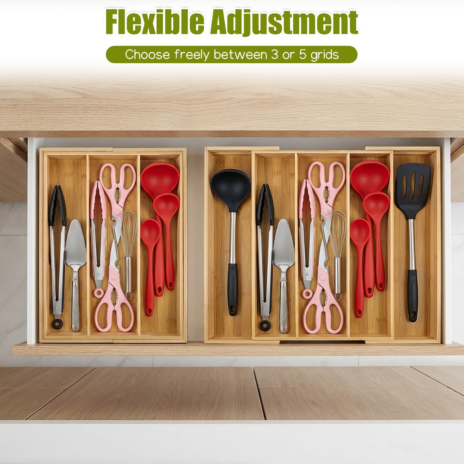 Erweiterbarer Schubladen-Organizer aus Bambus, 34 cm bis 52,1 cm, verstellbares Bestecktablett für Utensilien, Küchenwerkzeug, Schublade, geteilte Organizer, Bambus-Besteck-Organizer