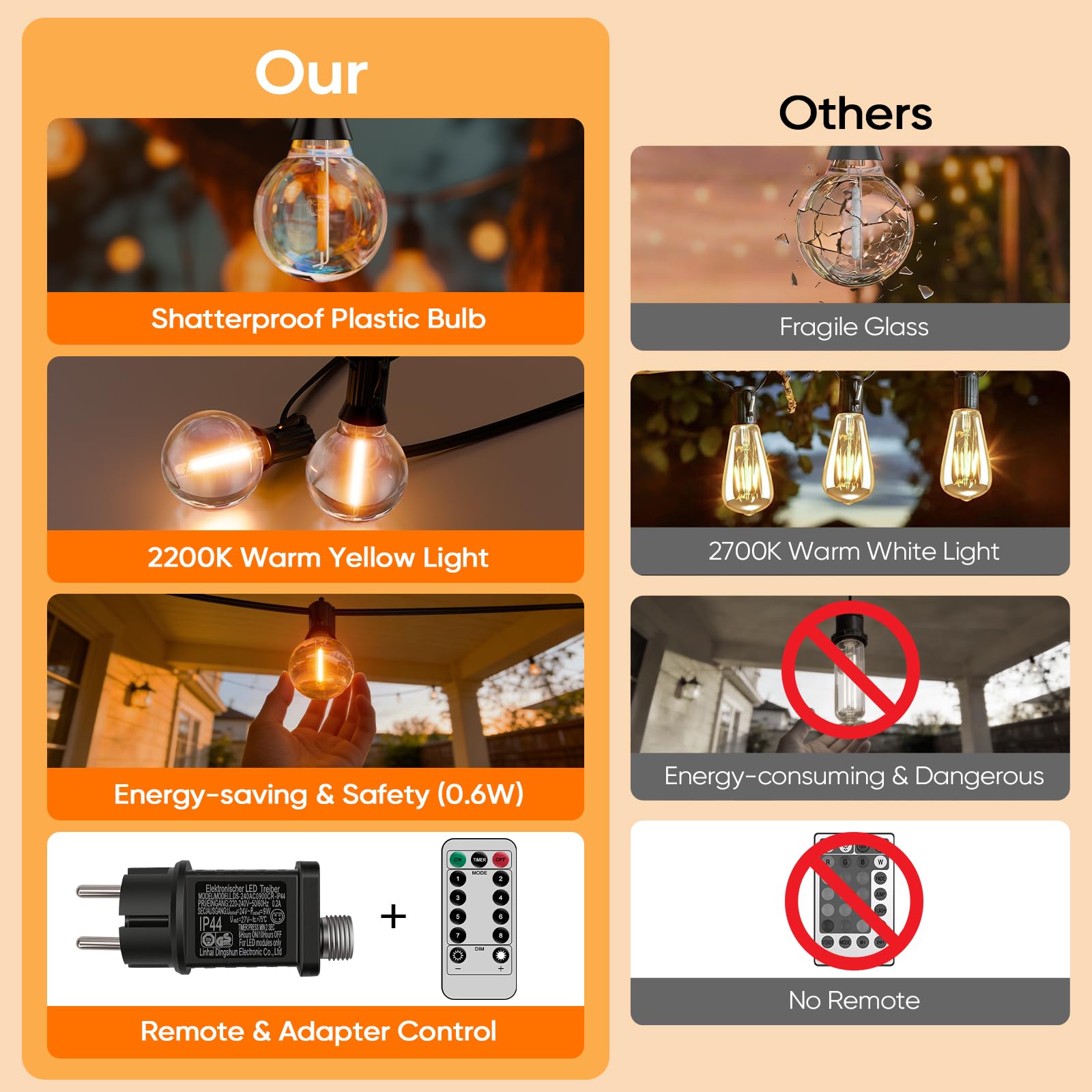 Hoteril Guirlande lumineuse LED pour l'extérieur - 30 m - Étanche IP44 - Avec télécommande - 8 modes d'éclairage - Contient 42 + 2 ampoules jaune chaud - Convient pour les jardins, terrasses, mariages