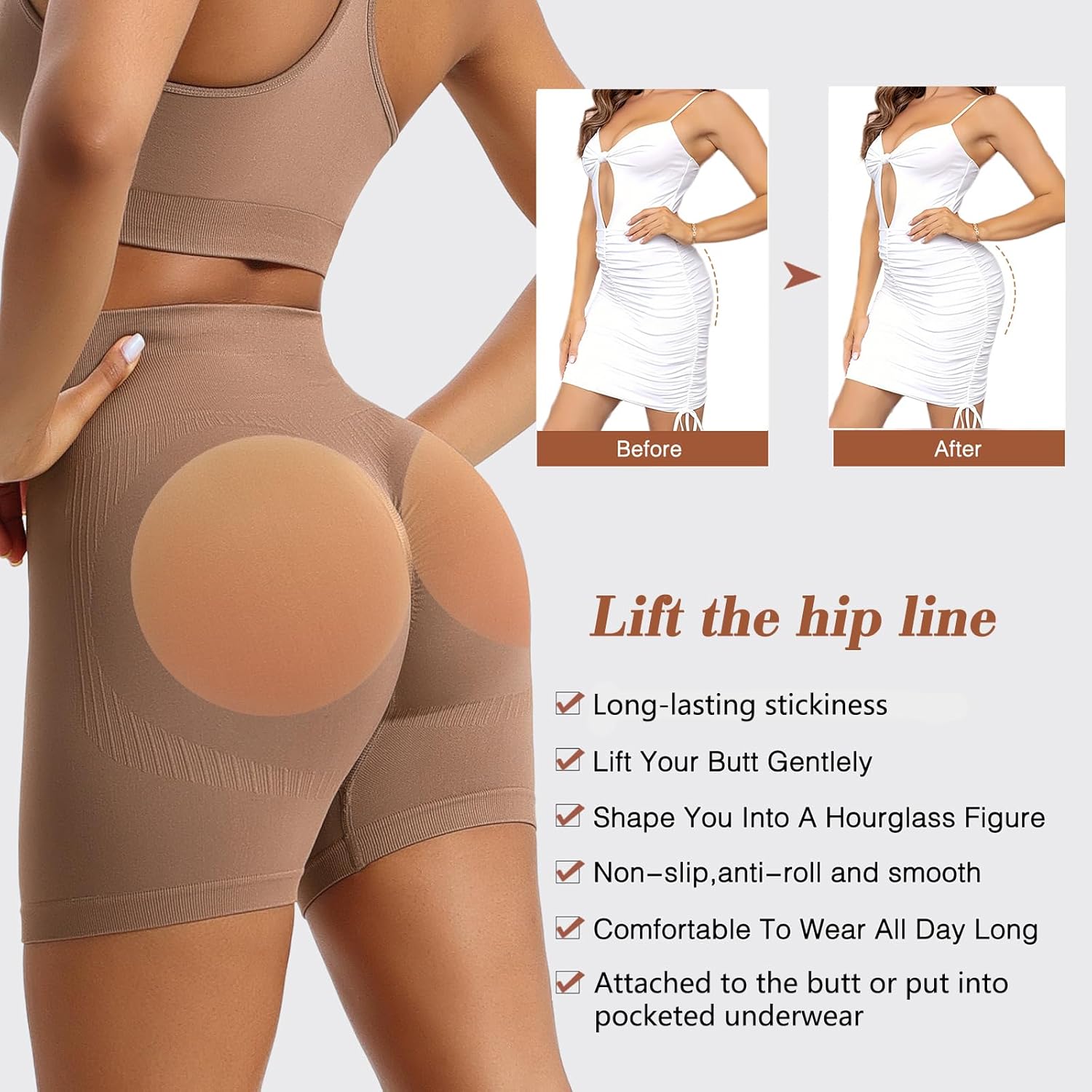 Majurphy Silicone Butt Pads for Flat Butt -Adhesive Reusable Non-Slip Buttock Hip Padding for Flat Buttocks| Skin Tone - Image 3