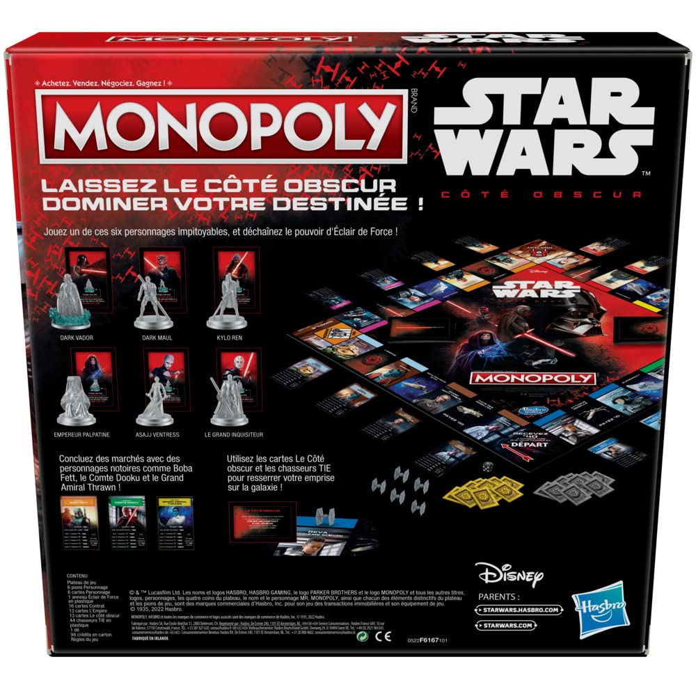 Jeu Monopoly Édition Disney Star Wars Côté obscur, Jeu de Plateau Familial pour Enfants à partir de 8 Ans, Cadeau Star Wars