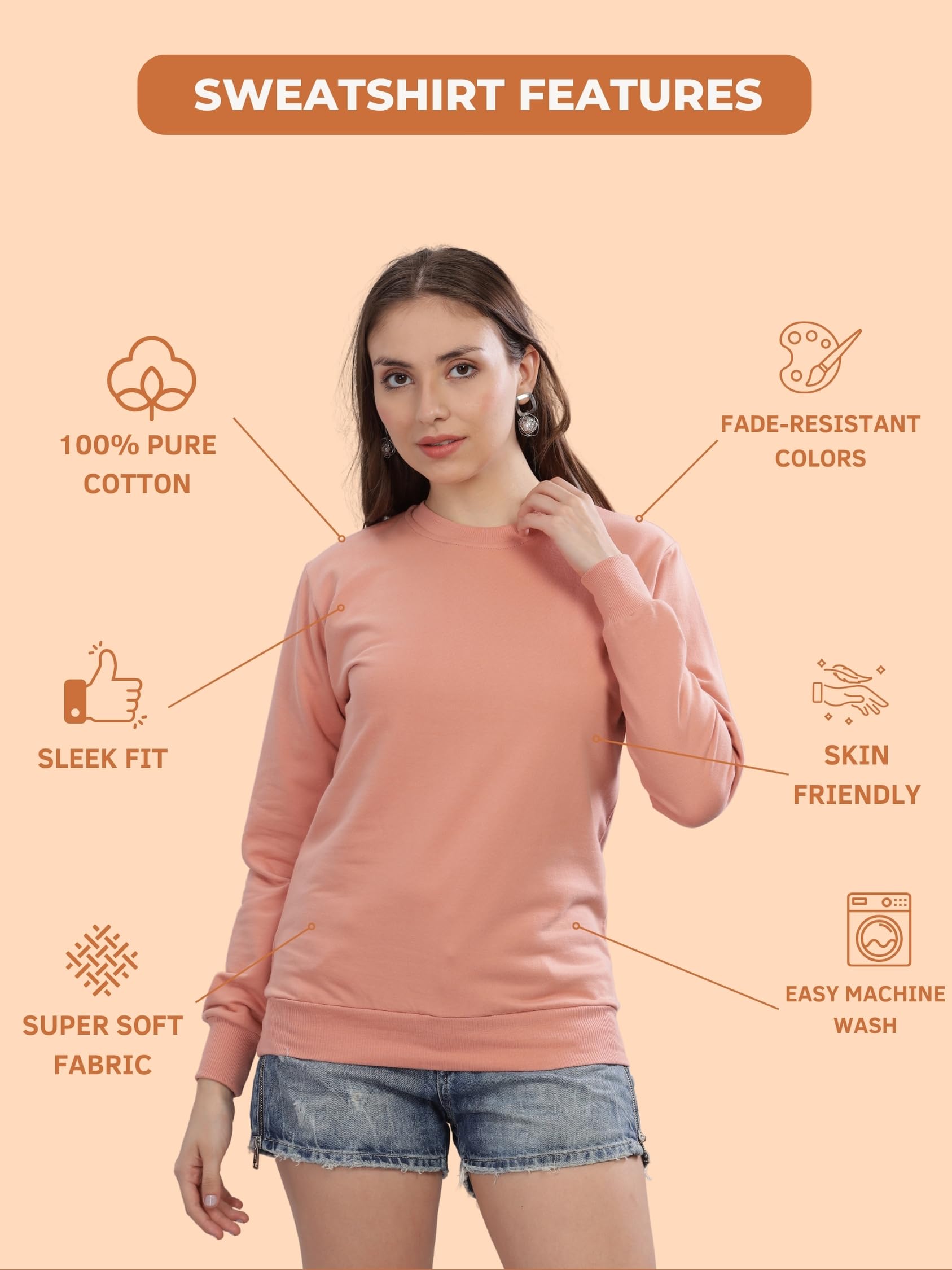 FALTU.CO Sweatshirt for Women Winter Wear Full Sleeve Stylish & Cozy Regular Fit, Solid, Outdoor, Gym, Travel & Everyday Wear | Peach | 1