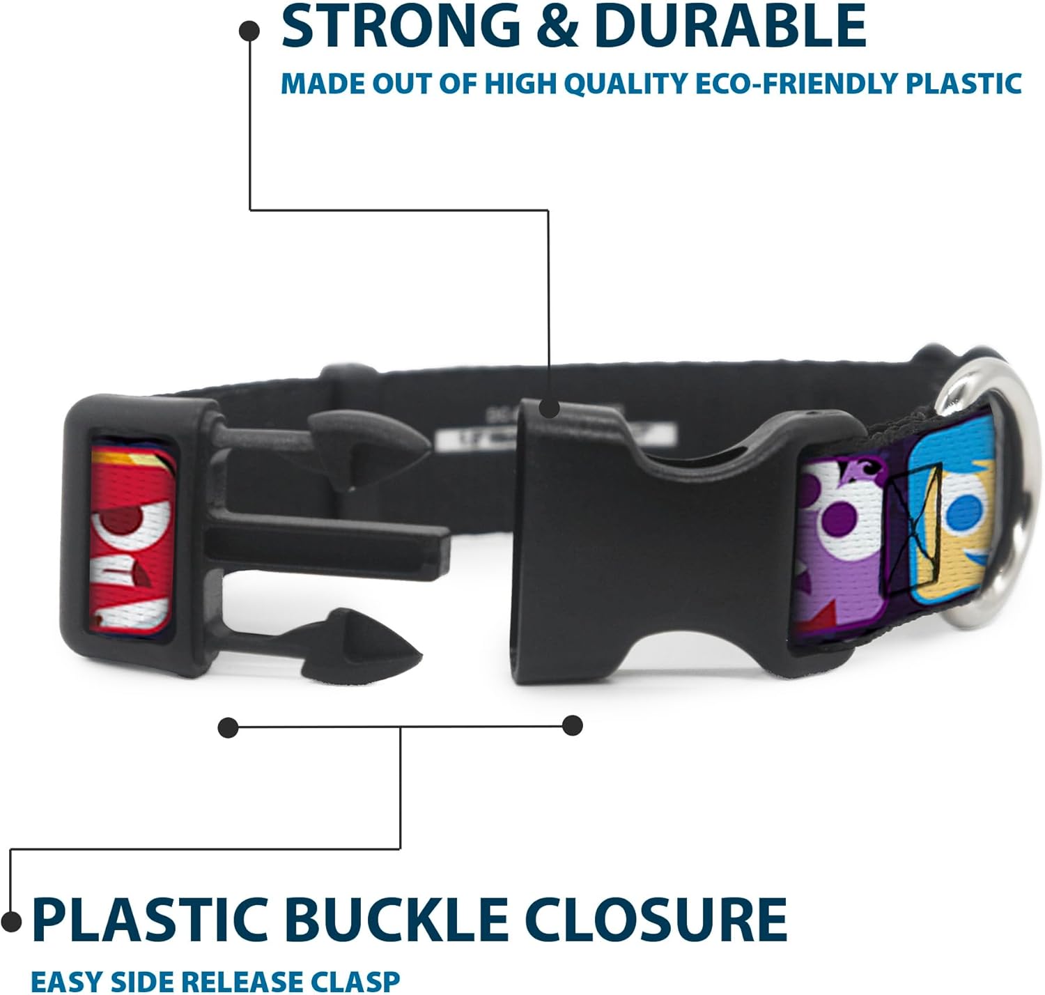 Buckle-Down Plastic Clip Collar - Inside Out 6-Character Esxpression Blocks Purple/Multi Color - 1.5" Wide - Fits 16-23" Neck - Medium