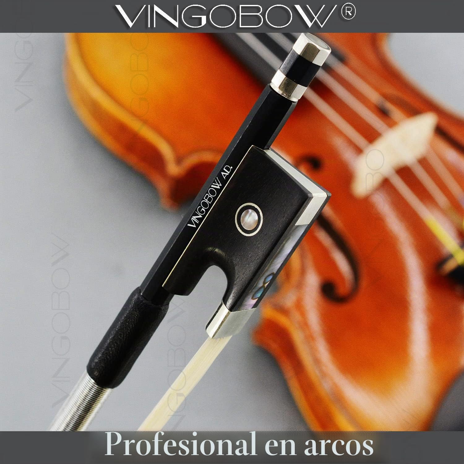 Arco de violín de fibra de carbono completo 4/4 Tamaño 74,5 cm VINGOBOW Nivel avanzado 4 4 rana de ébano pelo de caballo blanco mongol real cálido tono claro palo recto