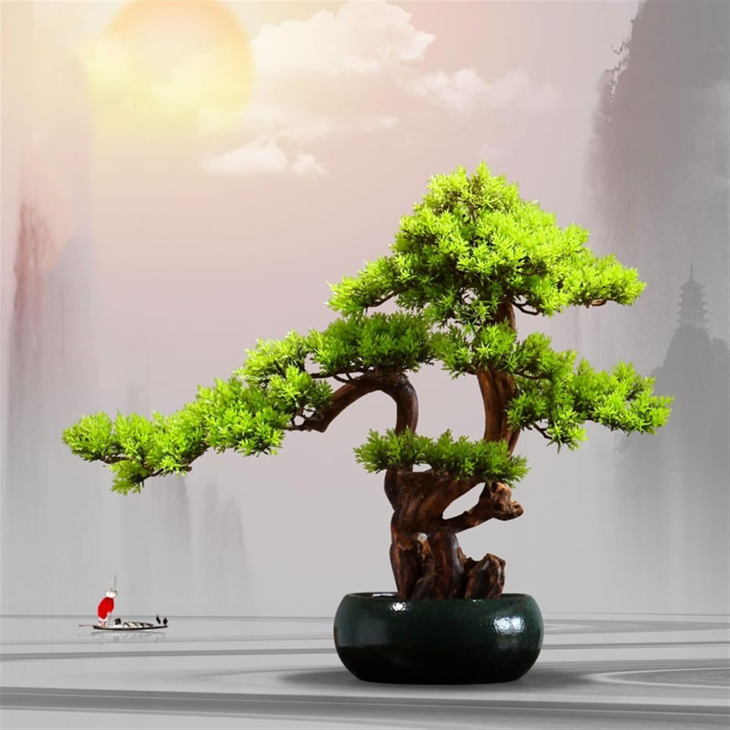 Artificial Tree Chinese Hotel Desktop Landscaping Artificial Cypress Leaves Potted Bonsai Ornaments Simulation Tree Artificial Plants Indoor