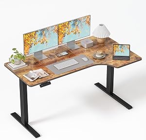 FEZIBO 55 Inch L-Shaped Electric Standing Desk, Height Adjustable Stand up Desk with 4 Memory Buttons, Sit Stand Desk with Splice Board, Vintage Brown