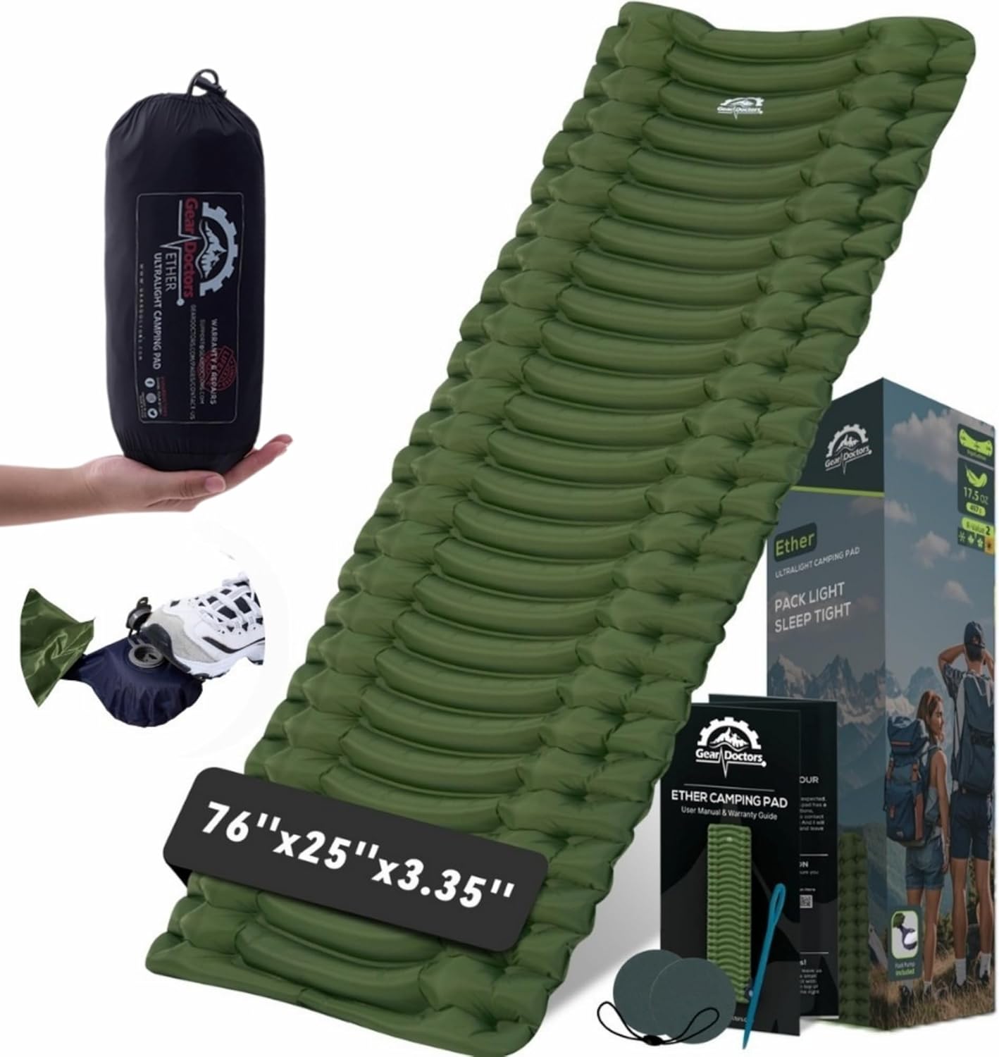 Gear Doctors® Ether 17.5oz Ultralight Camping Sleeping Pad – Backpacking Air Mattress – Camping Mattress Pad – Compact Inflatable Sleeping Mat for Backpacking, Comfortable Outdoor Hiking, Tent, Travel Gear Doctors® Ether 17.5oz Ultralight Camping Sleeping Pad – Backpacking Air Mattress – Camping Mattress Pad – Compact Inflatable Sleeping Mat for Backpacking, Comfortable Outdoor Hiking, Tent, Travel