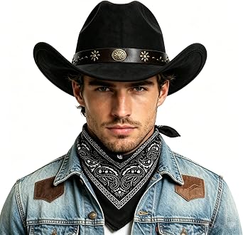 LIDHAY Western Cowboy Hat for Men Women,Classic Cowgirl Hats Cattleman Suede Cowboys Hats with Bandana JPFJ88880 Black
