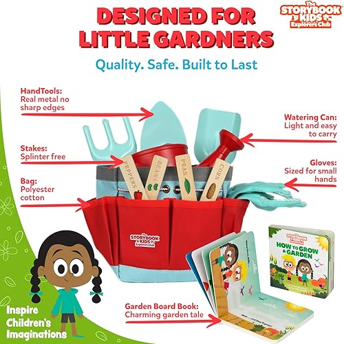 Miniatura 3 de Clever Kid Toys - Set de jardinería para niños con bolsa resistente, regadera, pala, rastrillo y espátula