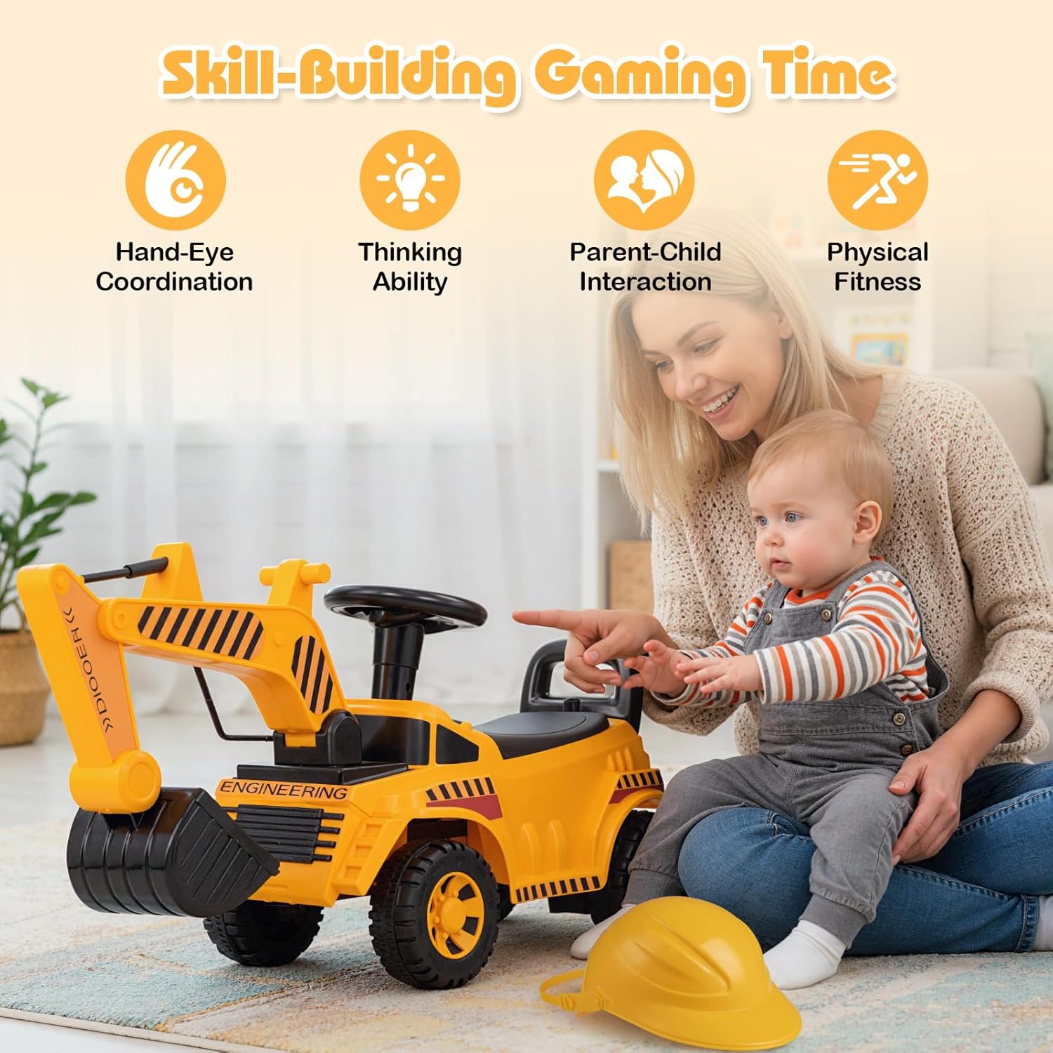 HONEY JOY Ride On Excavator, Ride On Push Car for Toddlers, Outdoor Digging Scooper w/Working Shovel, Storage, Ride on Construction Vehicle for Kids, No Power Ride On Toy for Boys Girls, Yellow