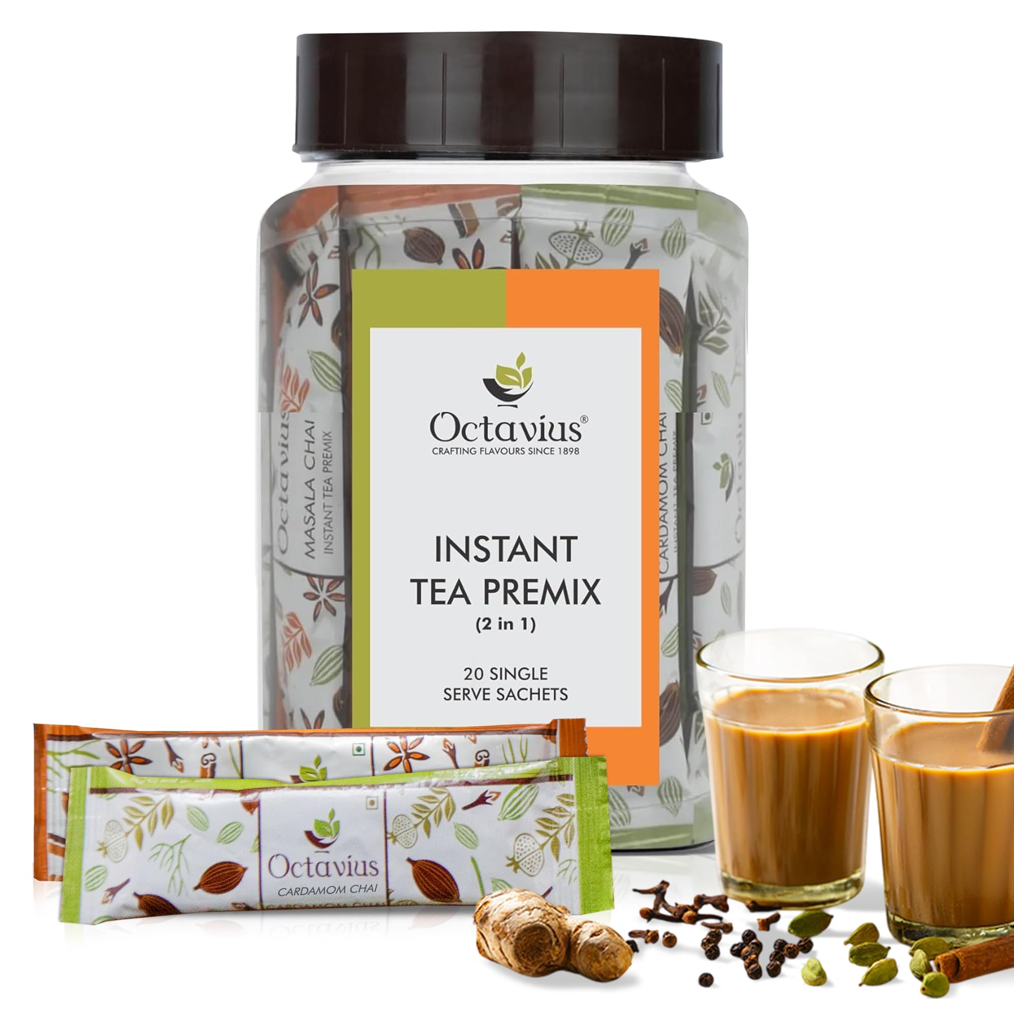 Octavius Indian Masala & Cardamom Premix Tea - 20 Pouches (15 Gm Each) | NOW IN REUSABLE PET JAR | Readymade Tea Mix | Premix Instant Tea Powder.