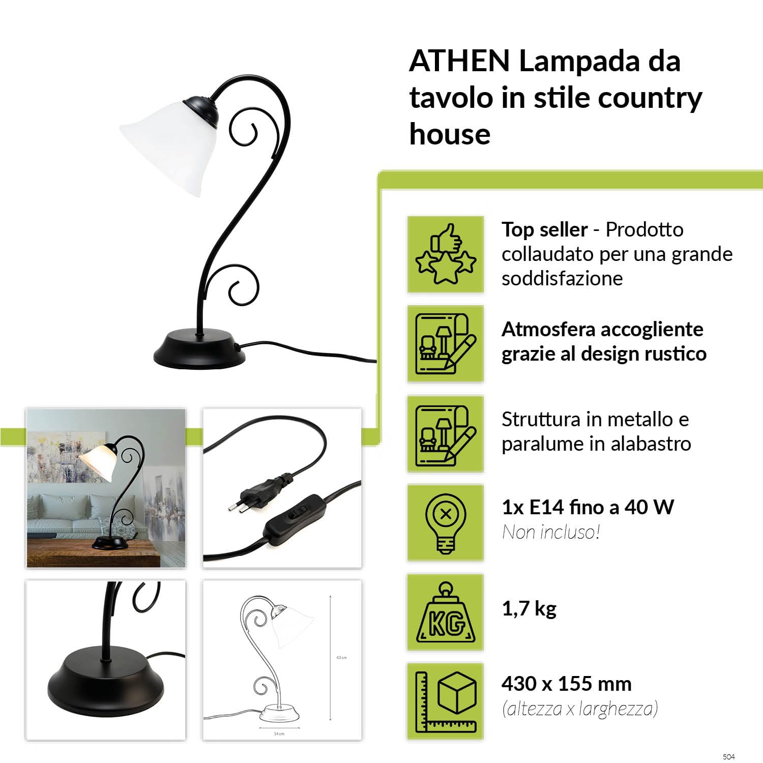 Lampada da tavolo Athen forma arcuata in nero opaco stile rustico retrò country E14 ideale per scrivania, comodino, camera da letto, soggiorno