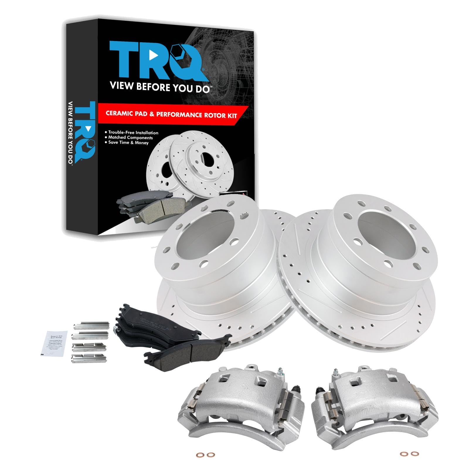 TRQ Rear Performance Brake Pad, Caliper, &amp; Rotor Kit Ceramic Vented Premium G-Coated Compatible with 2003-2008 Dodge Ram 3500
