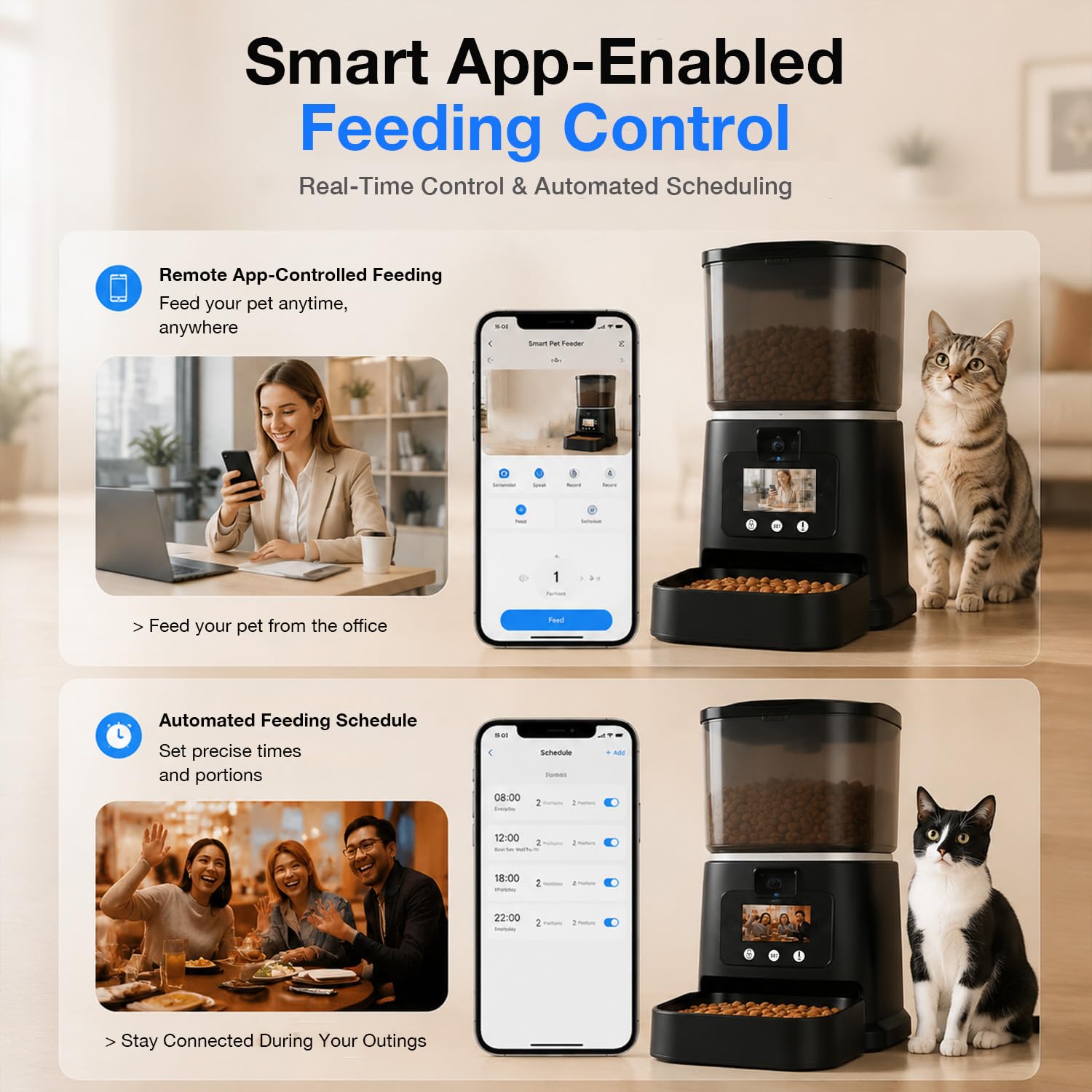 Distributore Automatico per Gatti con Telecamera 5L WiFi e App (Nero） | Videochiamata bidirezionale, audio a due vie, acquisizione AI, pasti programmati e visione notturna per cani e gatti