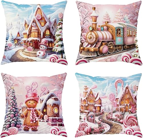 Juego de 4 fundas de almohada de casa de jengibre navideño, hombre de jengibre, nieve, árbol de Navidad, vacaciones, lino rosa, acogedor, lavable,