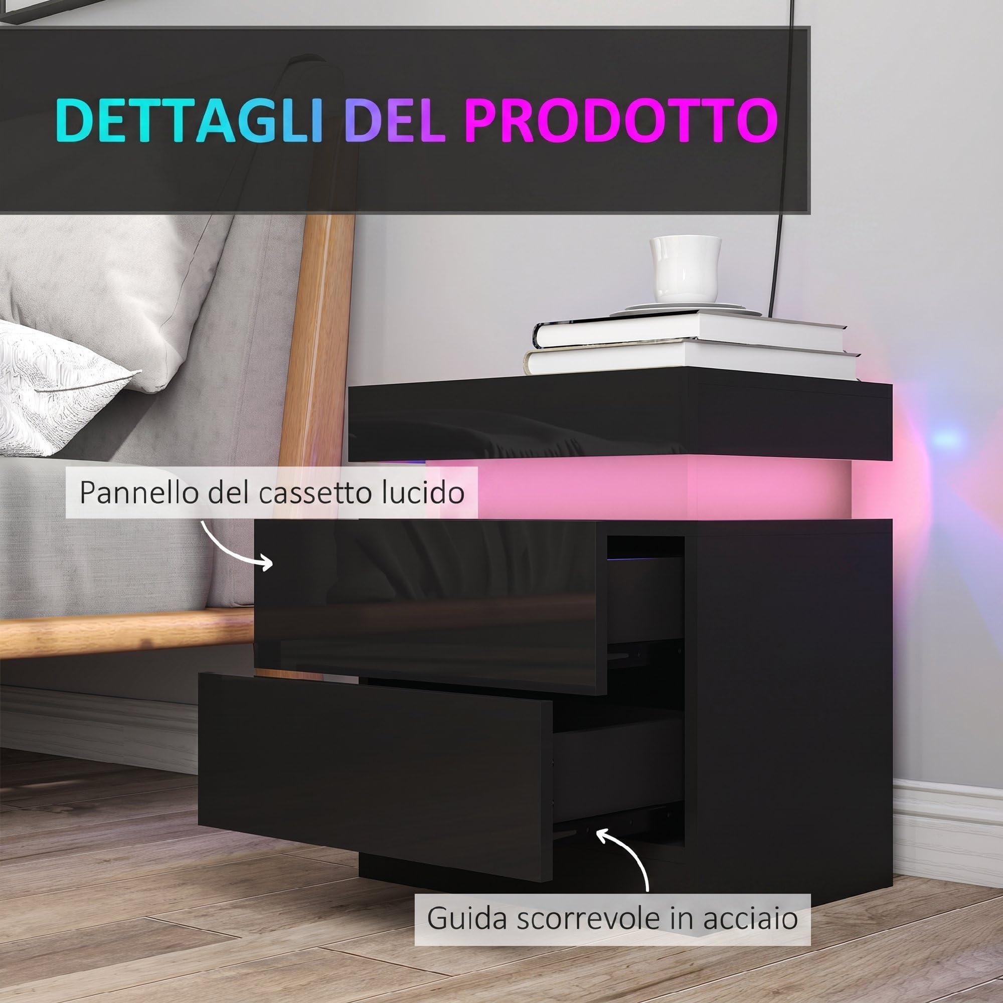 HOMCOM Set di 2 Comodini Camera da Letto con LED 45x35x52 cm Nero Lucido | 16 Colori, 4 Modalità, Coppia di Comodino Salvaspazio, 2 Cassetti, Tavolini per Camera da Letto