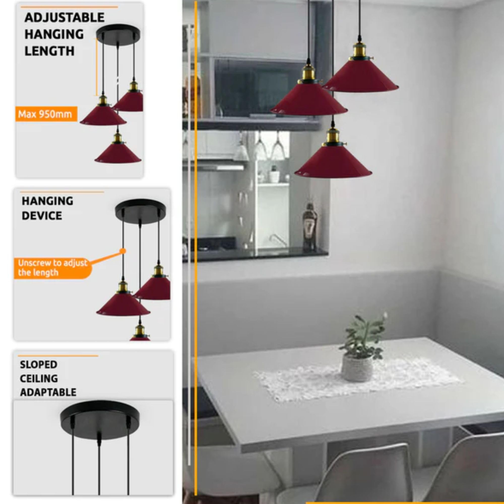 DC VOLTAGE Industrielle 3-flammige Deckenleuchte mit Kegelschirm Pendelleuchte für Küche, Restaurant, Bar, Balkon (Burgunder mit Zwiebel)