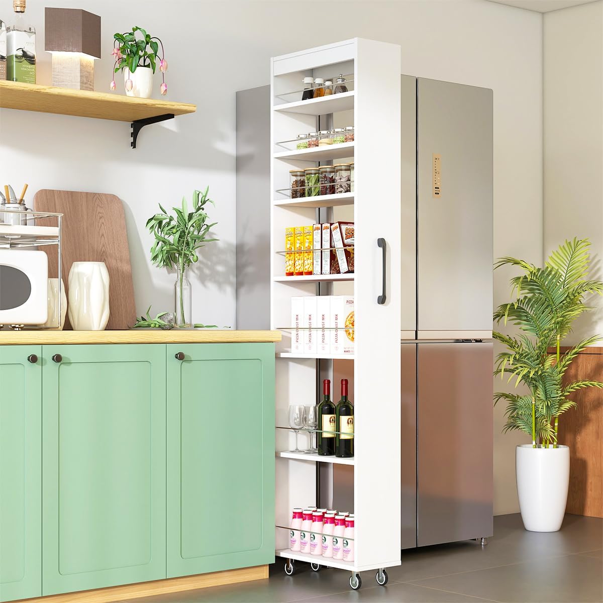 7 Tier Slim Storage Cart with Storage Shelf for Next to Fridge, Rolling Spice Rack with Handle for Small Spaces, Utility Cart with Double-Sided Spice Rack for Kitchen (White)