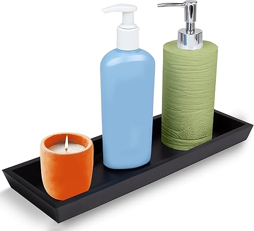 Miniatura 3 de Bandeja de madera negra Vanidad, bandeja de tanque de inodoro de baño, organizador de encimera, almacenamiento de perfumes o joyas, velas