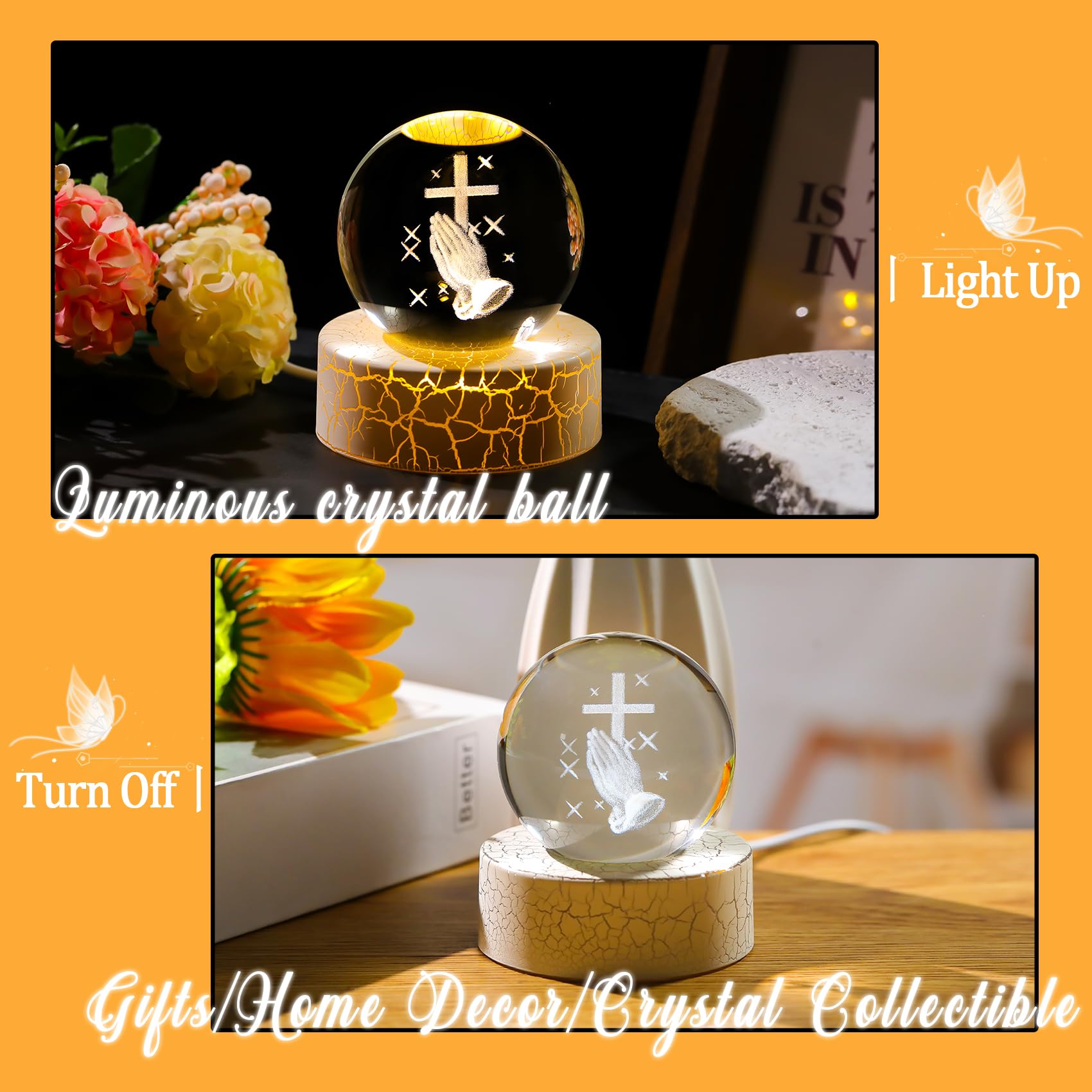 Movdyka Crystal 3D Cross in Praying Hands 2.36in Ball Statue Christian Gifts for Women Men Glass Religious Gift Sphere for Room with Warm Light Crucifix Catholic Presents for Home Ornaments - Image 4