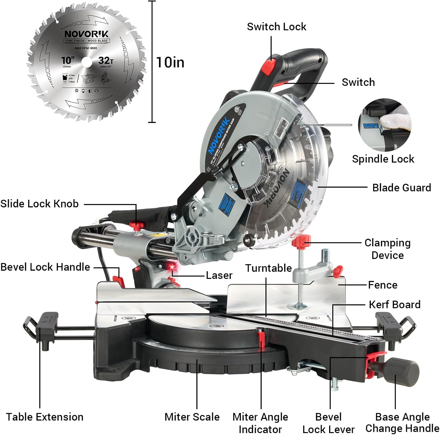 NOVORIK Single Bevel Compound Sliding Miter Saw, Corded Miter Saw with Laser Guide & 15-Amp Heavy-Duty Motor, Speed of 4,000 rpm, Sliding Miter Saw with TCT Saw Blade for Woodworking (10")