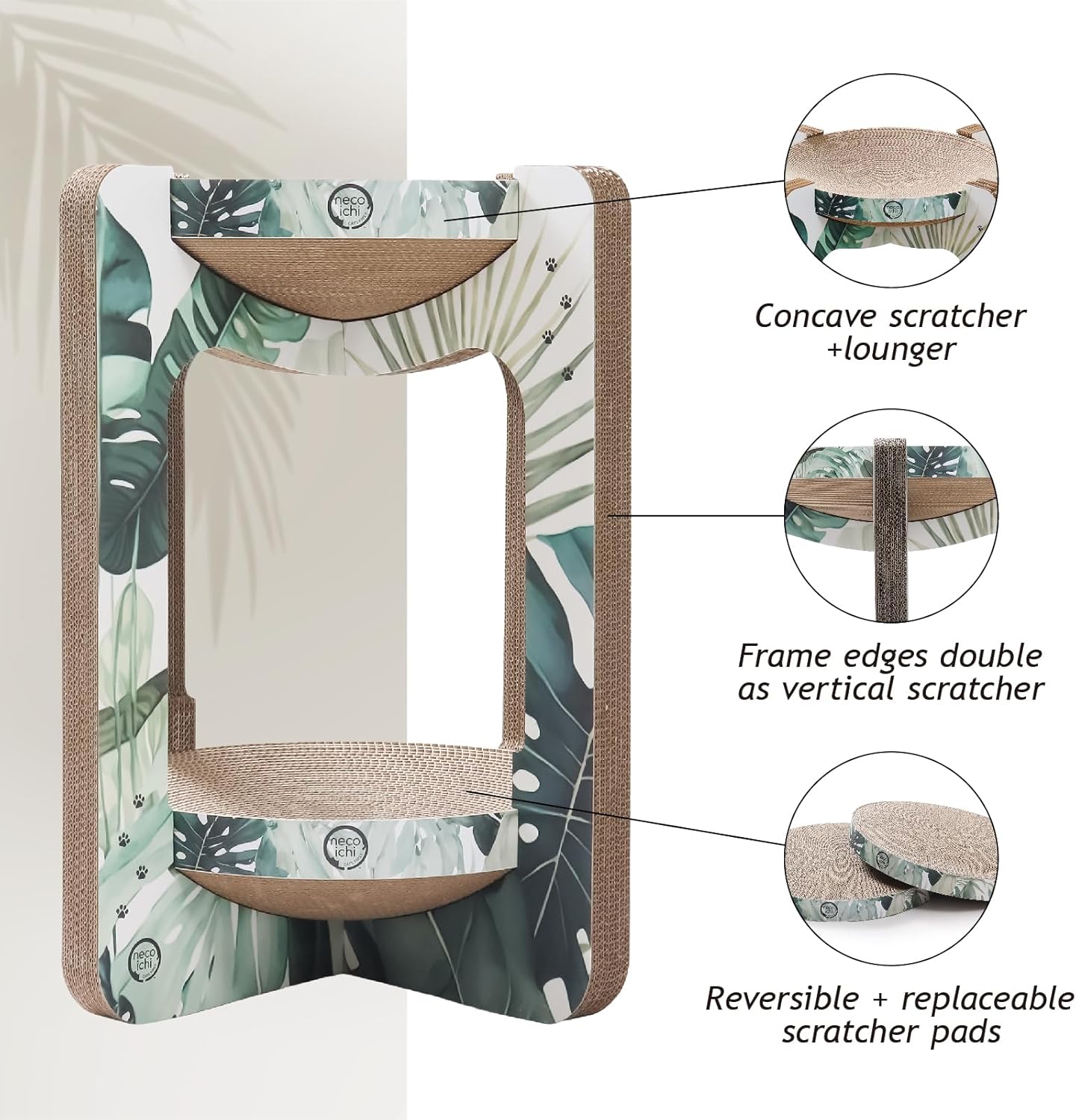 Necoichi Cat Scratcher Tower for Indoor Cats - Cat Scratching Post Lounger with Reversible Usability and Extra Comfort for Lounge, Cardboard Bed Couch / (Regular, Oak)