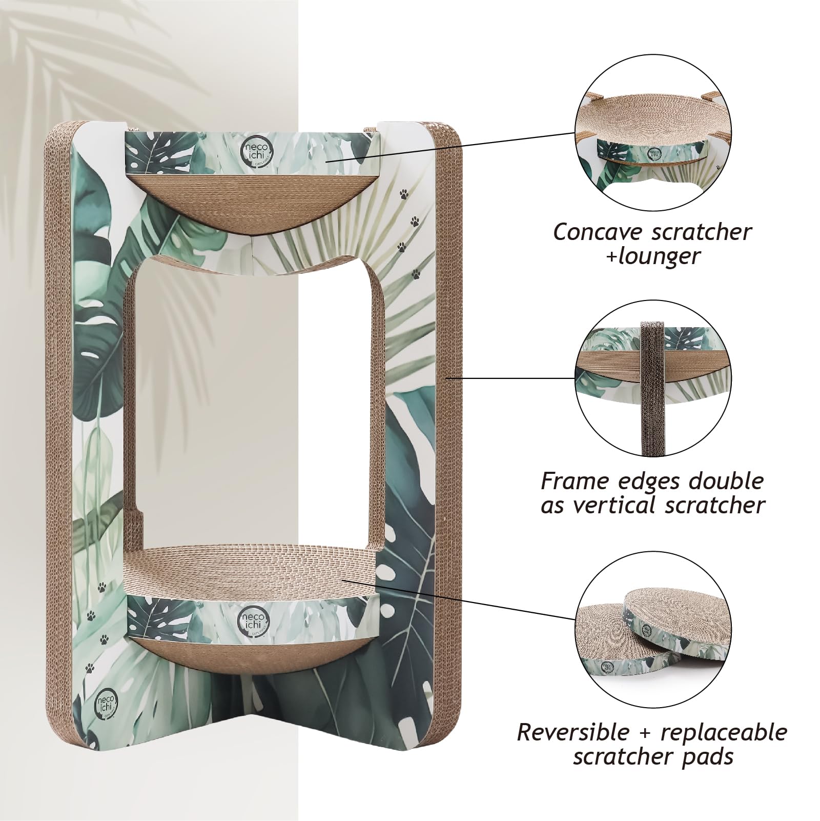 Necoichi Torre rascadora para Gatos de Interior – Tumbona rascadora para Gatos con Uso Reversible y Comodidad Adicional para salón, Cama de cartón / (Regular, Roble)