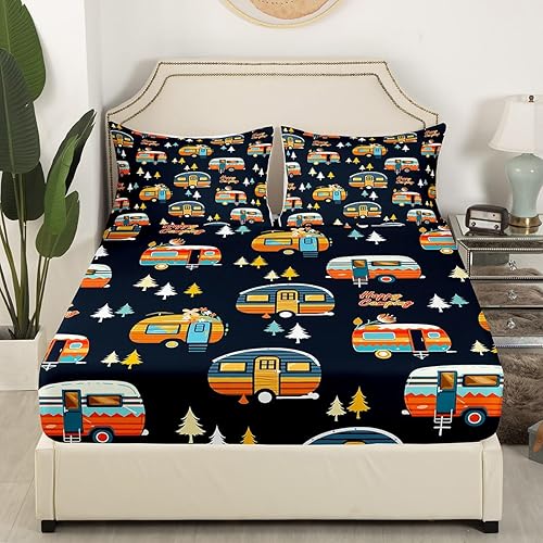 Vista 49 de Camper Decor Sábanas de cama Happy Camping, sábana bajera ajustable de campamento con juego de cama de montaña, juego de cama de verano para Multi 04