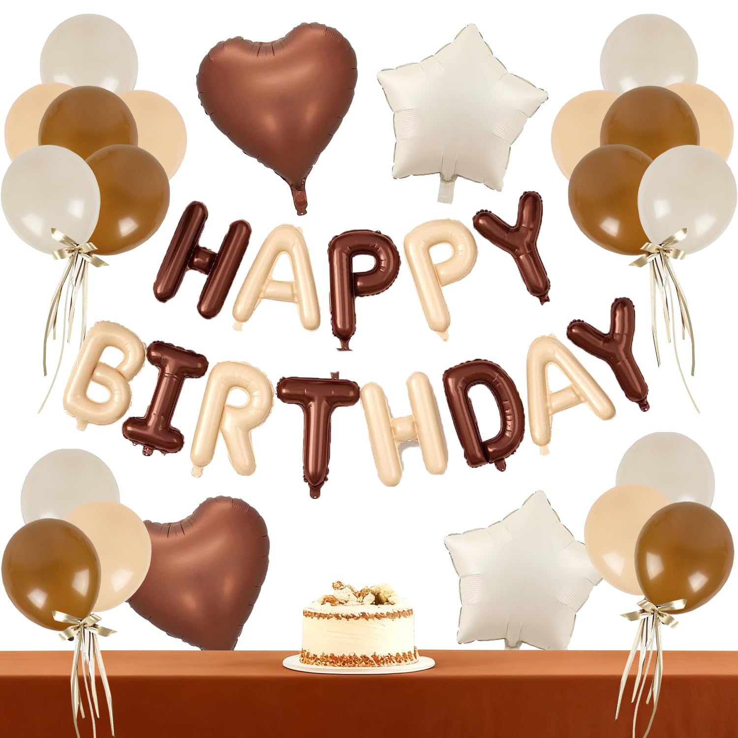 Creme Braun Happy Birthday Girlande, Happy Birthday Ballon Set Aprikose Ballons Luftballons Sandweiß Herz Sterne Folienballon Geburtstagdeko für Erwachsene Mädchen Frauen Party Deko