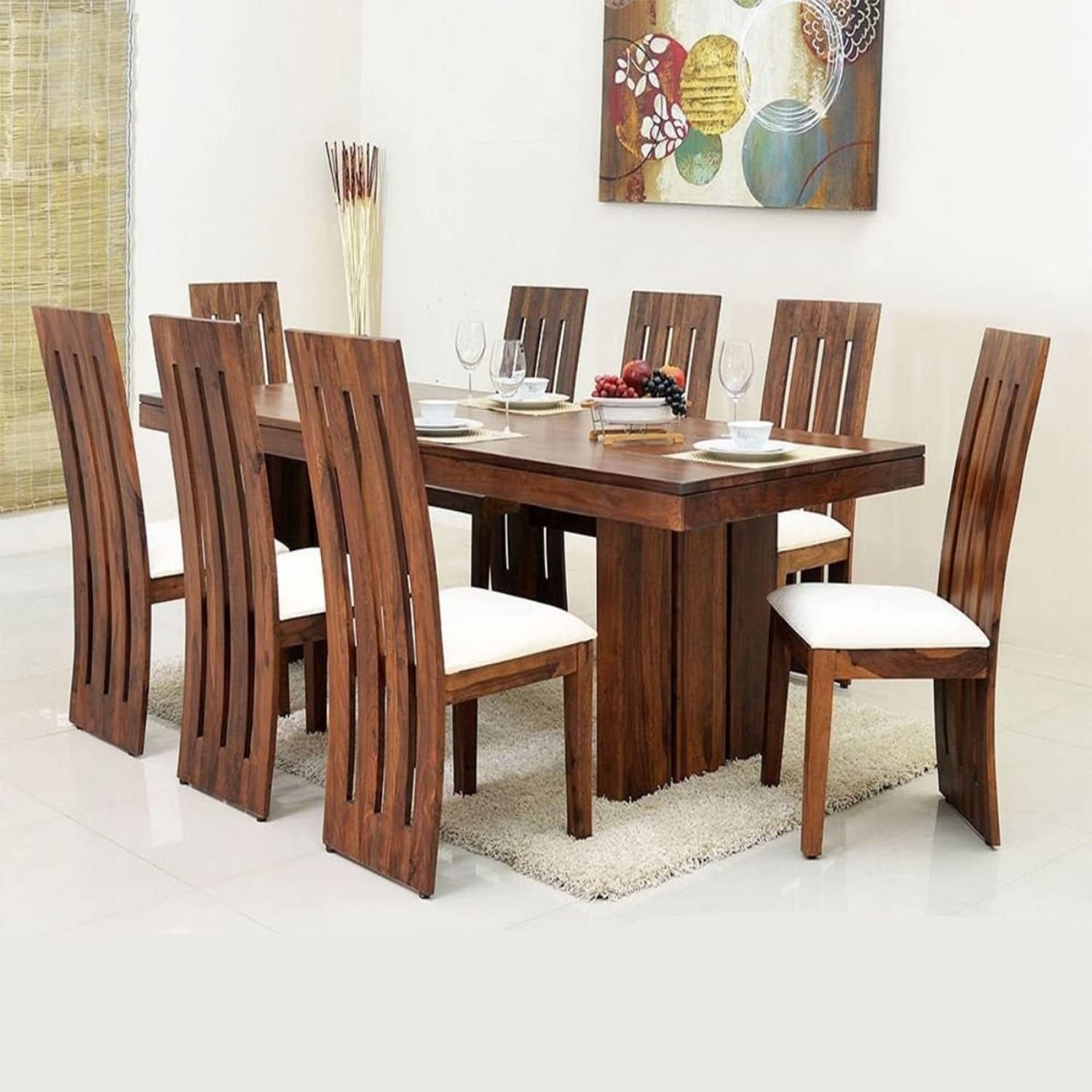 HANDWOOD FURNITURE Sheesham Wood Dining Table with 8 Chairs | 8 Seater Dining Set | 1 Year Warranty | (Honey Teak Finish with Cream Cushions) -DIY(Do-It-Yourself)