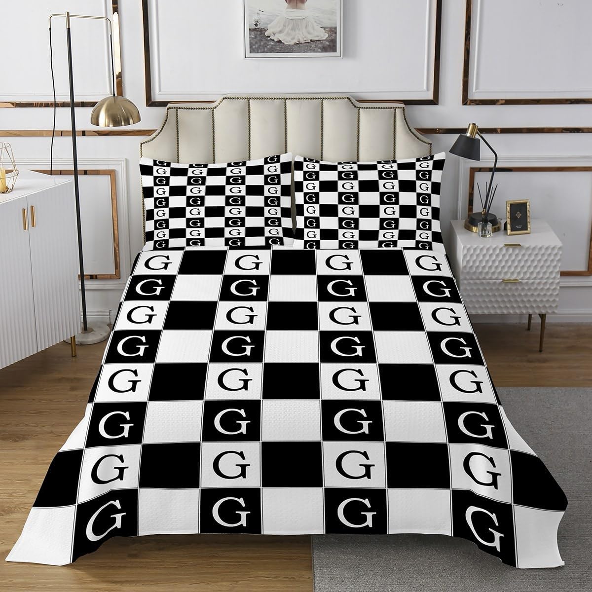 Erosebridal Black White Checkered Quilt Set Queen Plaid Initial Letter G Bedspread Monogram Buffalo Check Grid Coverlet Set for Kids Adults,Farmhouse Gingham Bedding Quilted