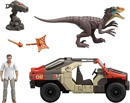 Mattel Jurassic World: Rebirth Vehicle, 1 Human Figure and 1 Dinosaur Figure, Launch 'N Battle-Truck, Martin Crab Figure and Dinosaur, Gun and 2 Bullets, JGB59