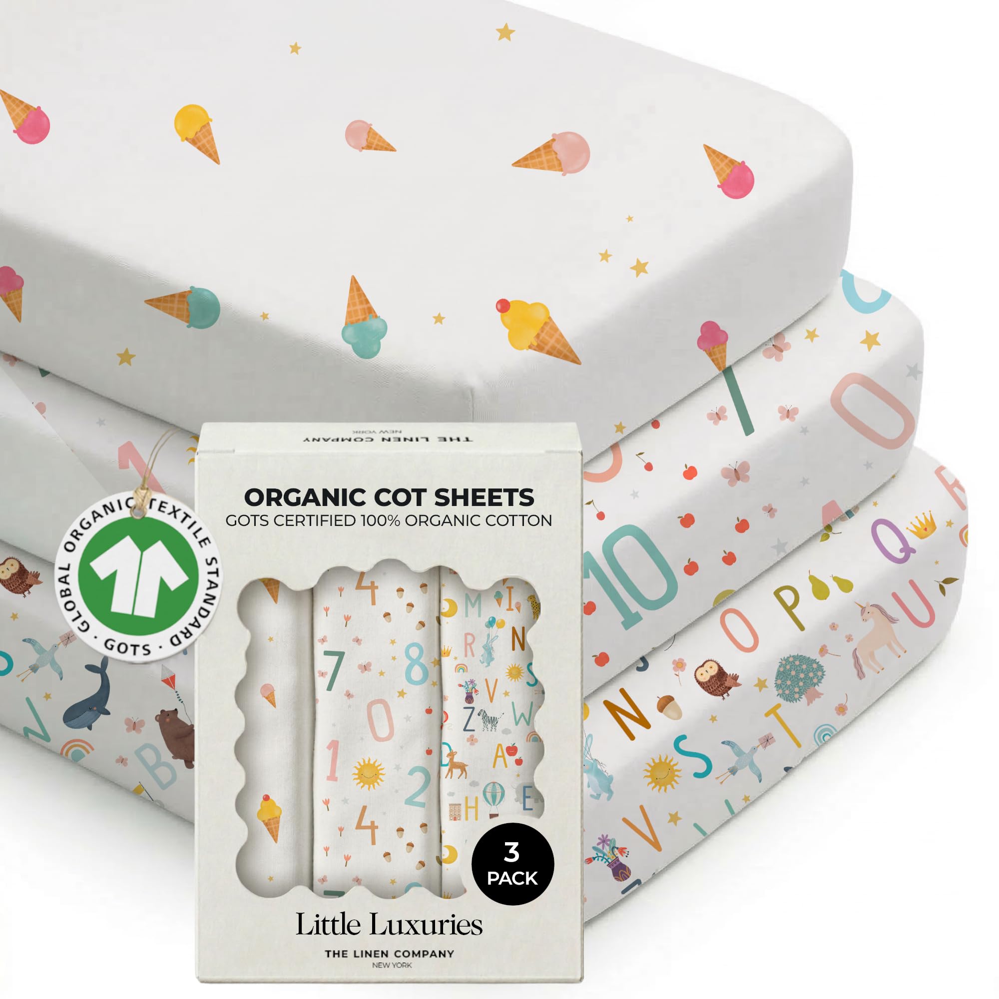 100% Organic Cotton Cot Sheets (3-Pack) – GOTS Certified, Soft Fitted Sheets for Mini Mattress & Pack n Play, 5" Deep Pocket with Secure Elastic Fit, boys & girls, 60 x 120 cm (Little Learners)