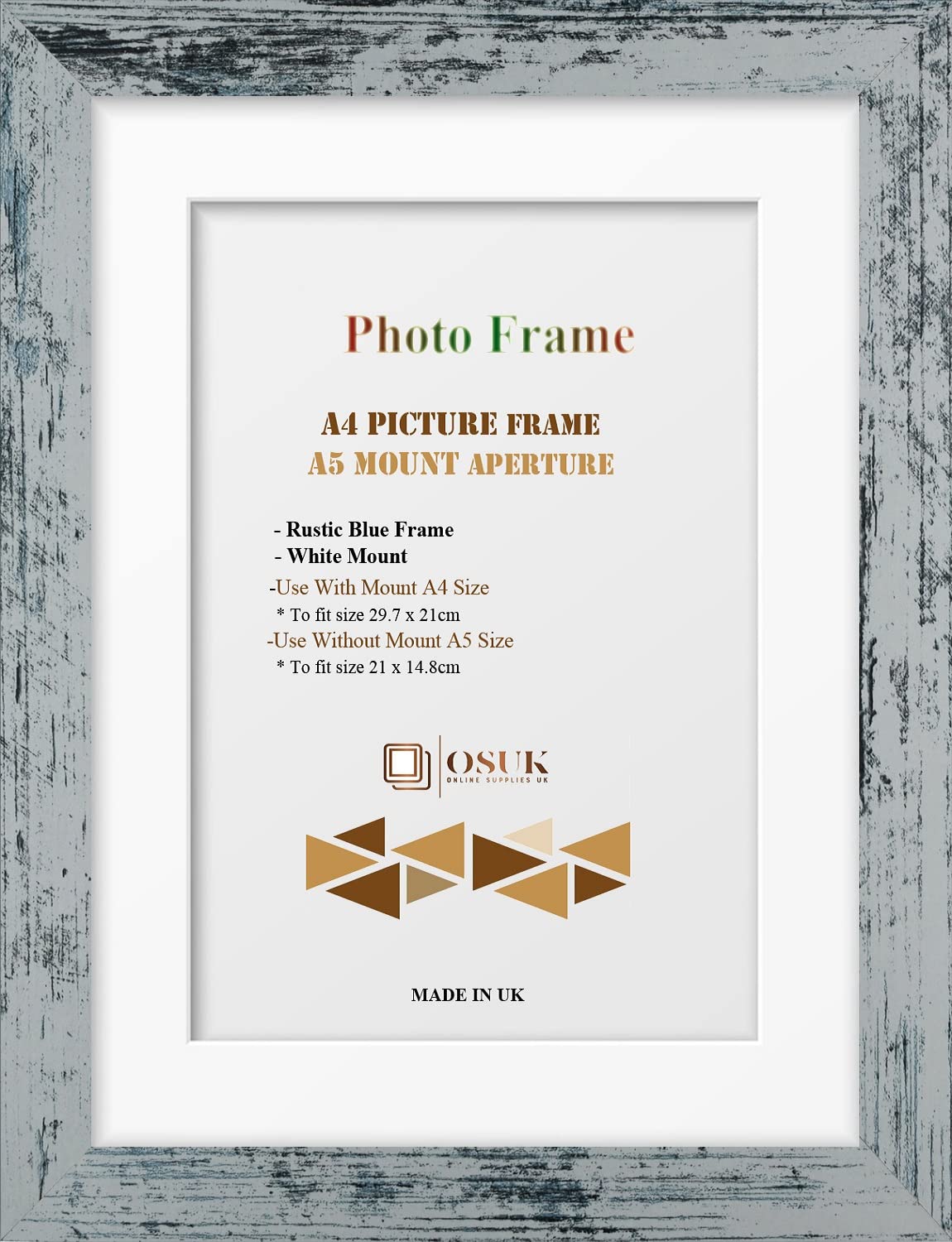 OSUK Rustic Blue A4 Frame With A5 Mount Modern Photo Frame With White Mount - Clear Perspex Front & Wall Mounting Poster Frame - A4 Frame With A5 Mount (Rustic Blue)