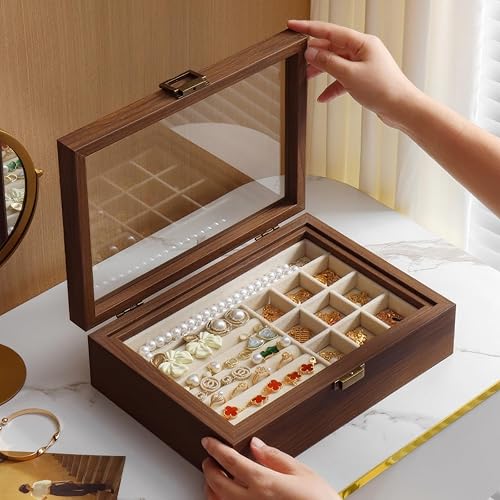 Miniatura 2 de Joyero de nogal con tapa de vidrio de 2 capas para mujer, organizador de joyas de madera maciza de estilo vintage y vitrina, regalo ideal