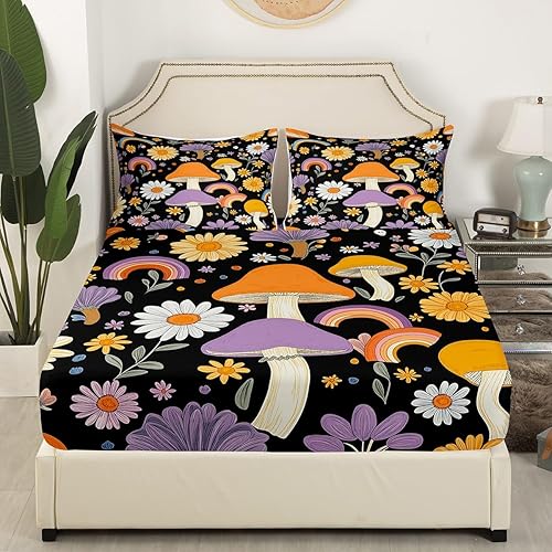 Vista 35 de Erosebridal Juego de sábanas de mariposa azul, tamaño matrimonial, sábanas de hongos y polilla de libélula, sábana encimera de fase lunar, sábana