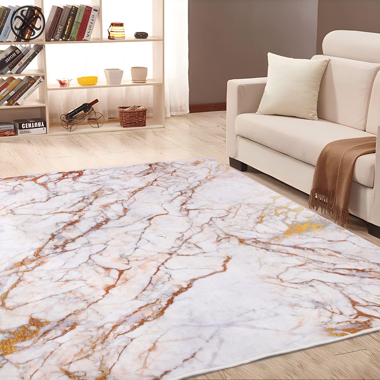 Marble Pattern Area Rugs for Living Room - 6x9 FT Beige and Gold Soft Abstract Rugs for Living Room, Stain Resistant Washable Rug, Modern Rugs for Living Room, Beige and Gold Rug, Non-Shedding