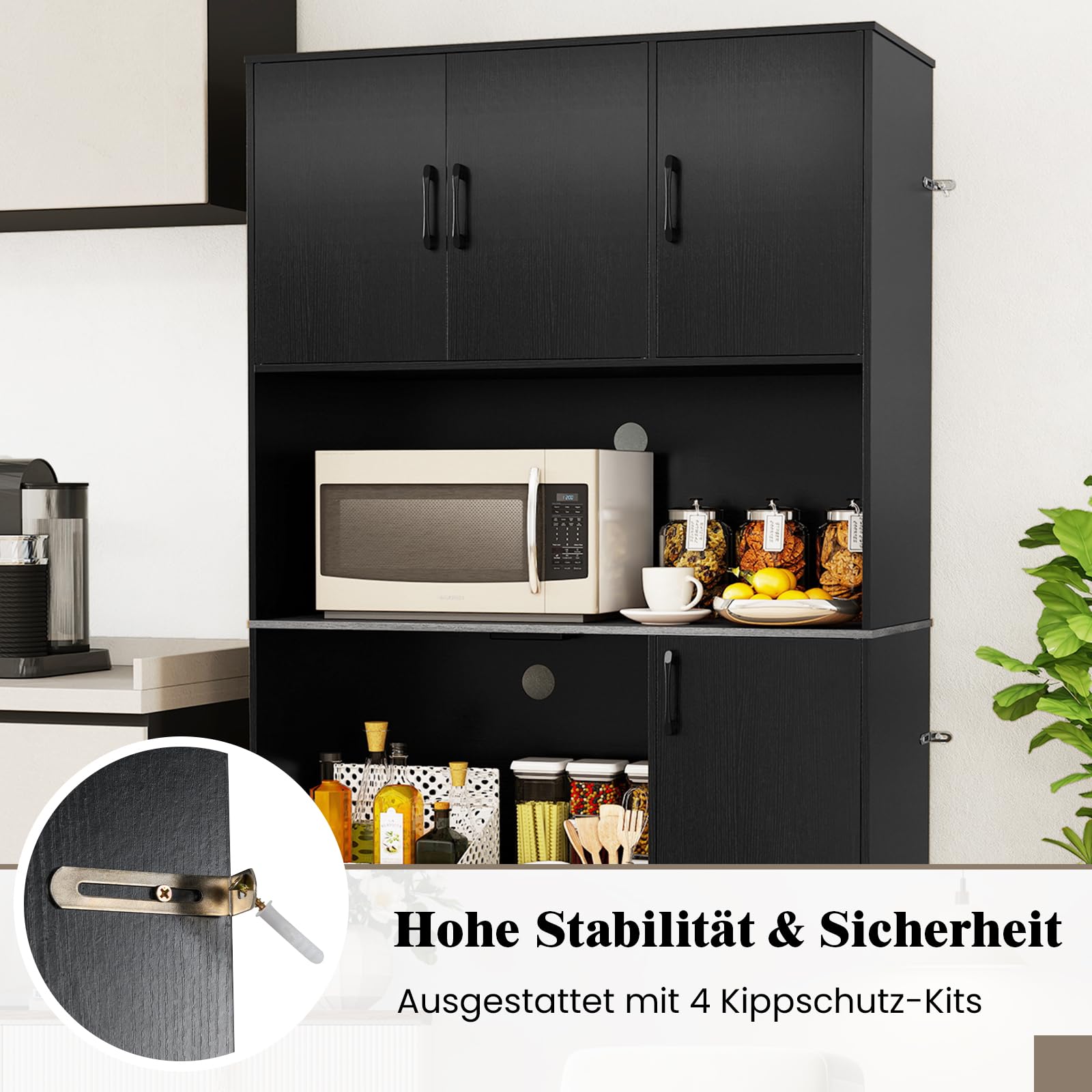 COSTWAY Küchenschrank Holz, Buffetschrank mit Steckdose, Hochschrank mit Türen & Arbeitsplatte, Vorratsschrank Aufbewahrungsschrank, für Küche & Wohnzimmer, 100 x 40 x 180 cm (Schwarz)