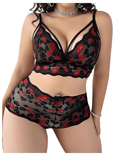 WDIRARA Women's Plus Size 2 Piece Lingerie Set Lip Print Lace Bra and Panty Set - X-Large Plus - Black