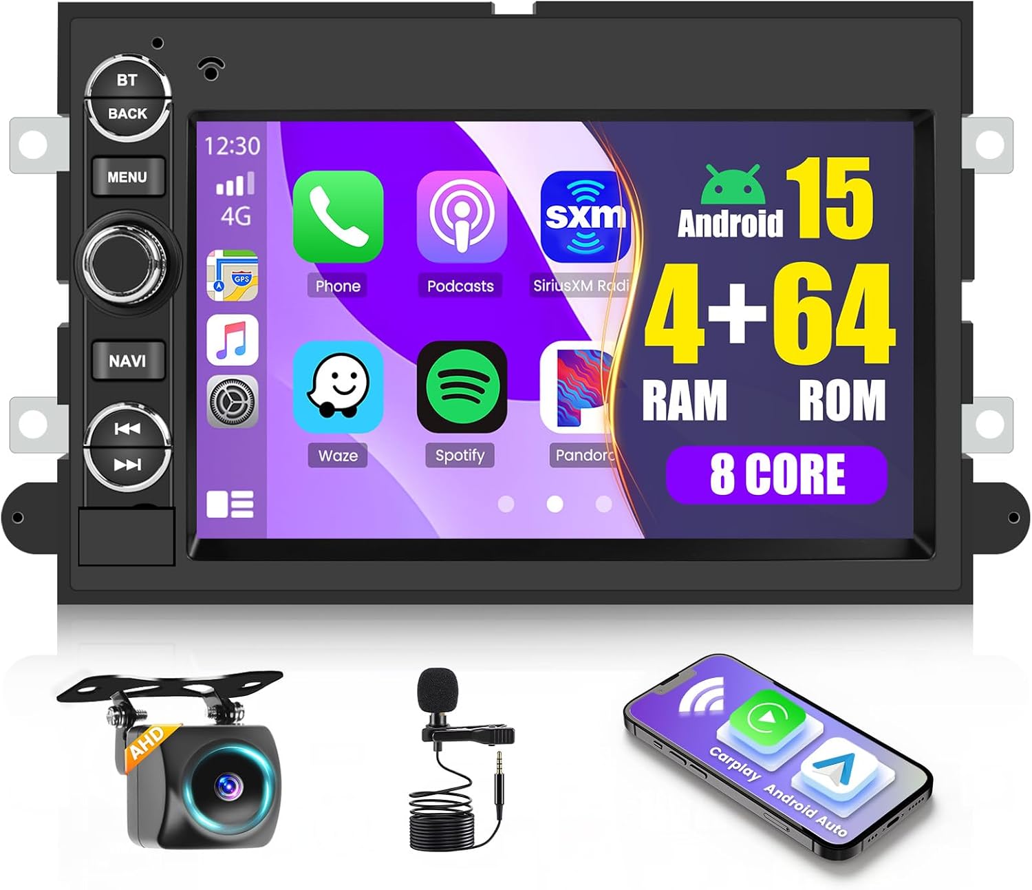 Roinvou 7-inch Touch Screen Car Radio with included accessories: backup camera, microphone, and a smartphone demonstrating CarPlay/Android Auto.