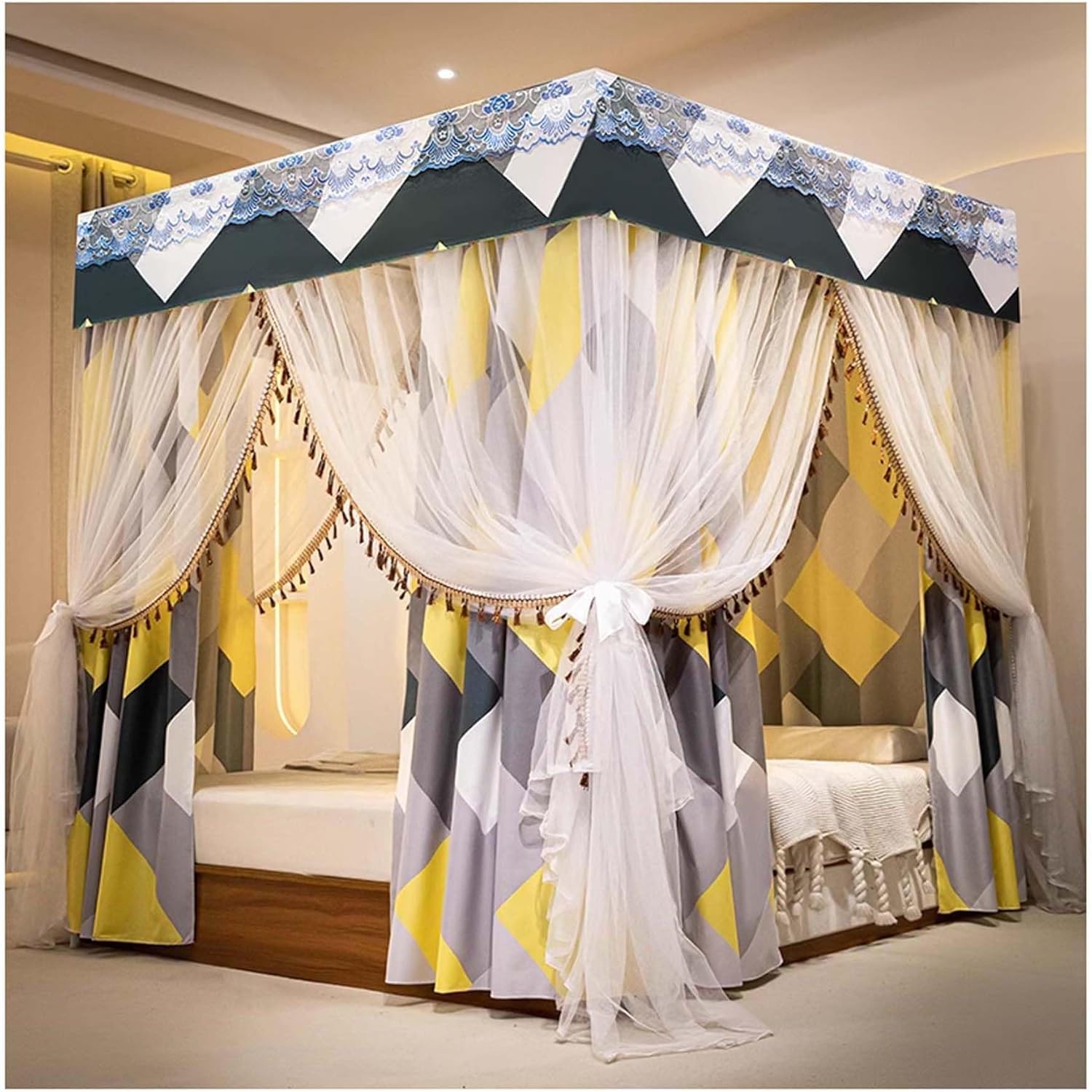 Canopy Bed Frame Post with Double Layer Curtain, Stainless Steel 4 Corners Bed Canopy, Princess Mosquito Net for Bedroom