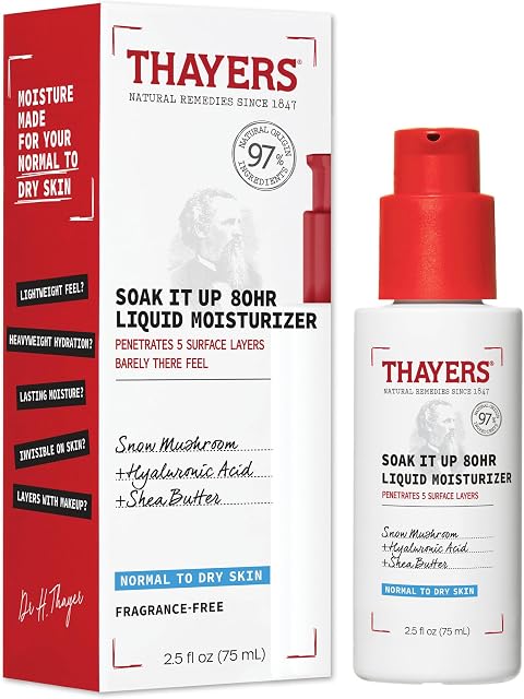 THAYERS Soak It Up 80HR Liquid Moisturizer, with HYALURONIC ACID and Snow Mushroom, Dermatologist Tested Skin Care for Normal to Dry Skin, Lightweight Formula, 75 ml