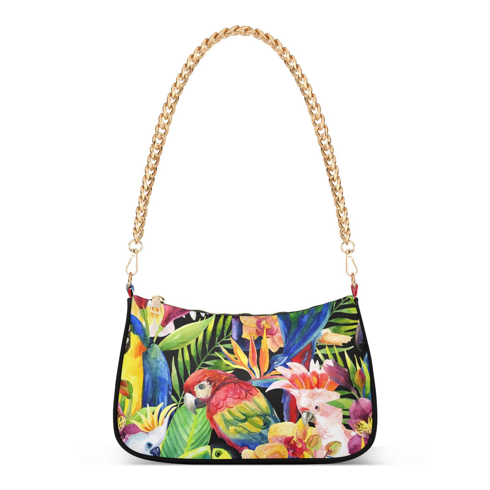 Watercolor Parrots Bird Tropical Flowers Shoulder Handbags for Women Travel Hobo Tote Handbag Women Gold Chain Shoulder Bags Purse with Zipper Closure