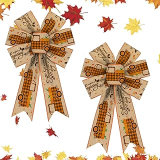 2 Pieces Fall Bows for Wreath, Thanksgiving Pumpkin Wreath Bows Autumn Truck Bows Orange Natural Burlap Bow Holiday Bows for Front Door Fall Thanksgiving Day Decorations Suppies