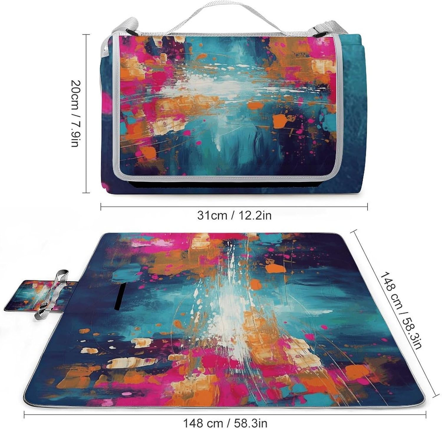 Abstract Oil Painting Waterproof Picnic Blanket 58.3''x58.3'',Portable and Foldable Picnic Mat with Handle,Outdoor Blankets for Lawn Park Beach Travel