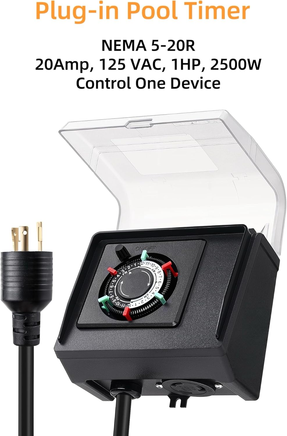 Mechanical Pool Pump Timer, 20A 125V 1HP,Twist-Lock NEMA L5-20R Plug-in Timer,24-Hour,Up to 3 Daily Settings,Outdoor use,with Weatherproof Cover, for Pool Pump, Water Heater,Filter,Lights