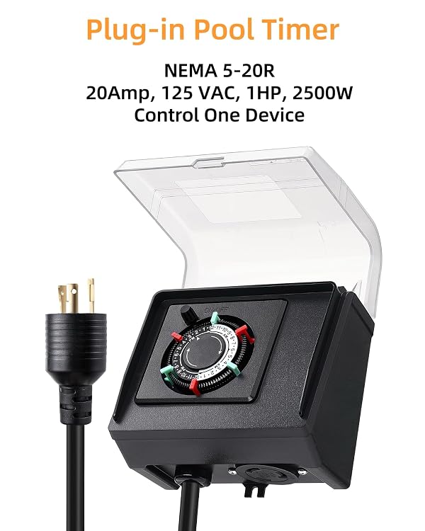 TAYMATIC Mechanical Pool Pump Timer, 20A 125V 1HP,Twist-Lock NEMA L5-20R Plug-in Timer,24-Hour,Up to 3 Daily Settings,Outdoor use,with Weatherproof Cover, for Pool Pump, Water Heater,Filter,Lights by TAYMATIC - Image 2