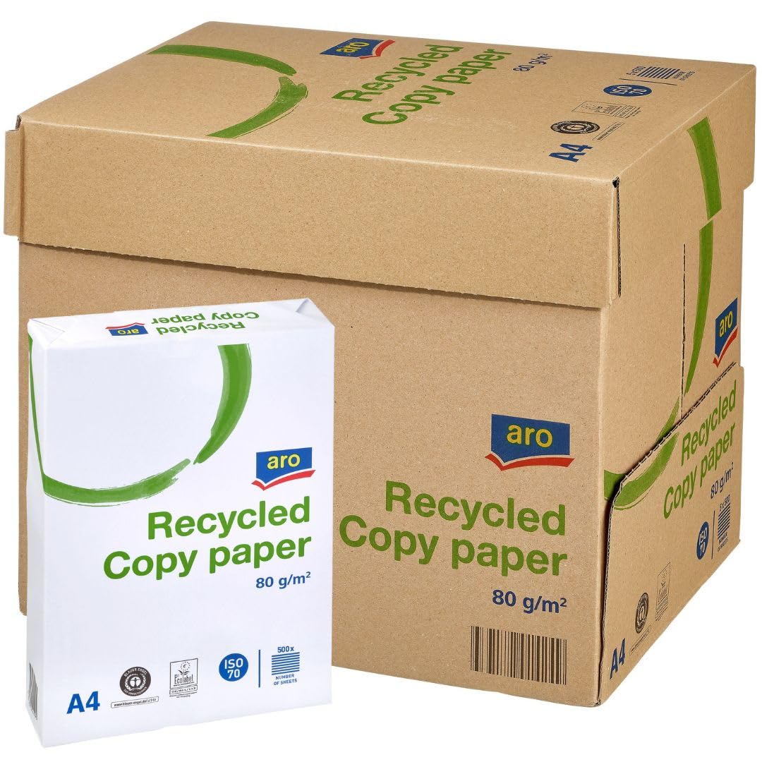 aro Papel A4 para impresora, 80 g/m², ISO 70, 2500 hojas (5 x 500 (Papel reciclado)