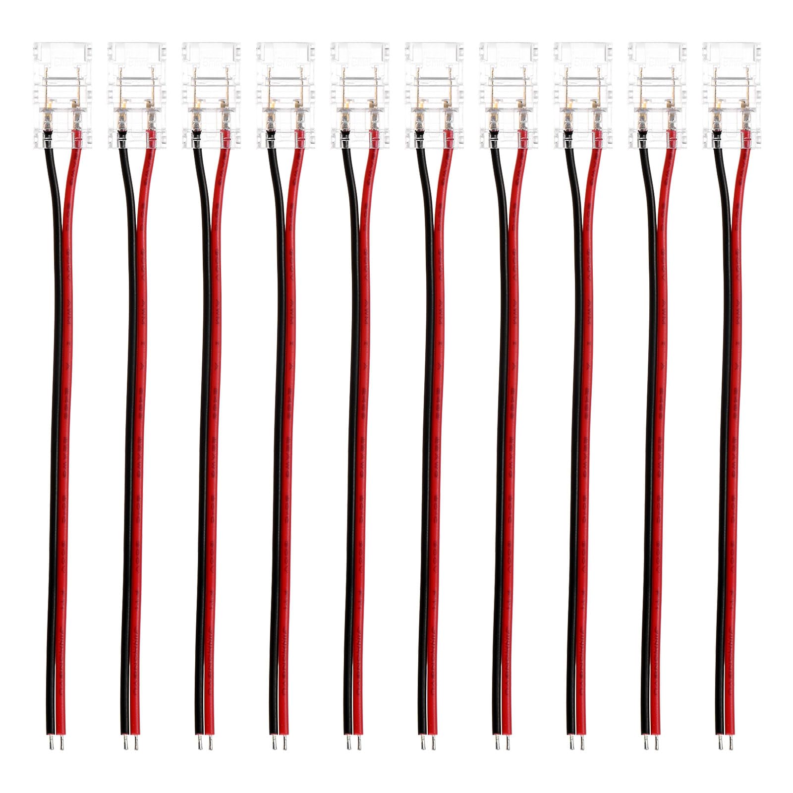 M METERXITY 10-Pack 2-Pin 8mm LED Strip Lights Connectors, Strip Wire Solderless Snap Down Connectors for Single Color LED Light Strips COB 2835 3528 [Red Black]