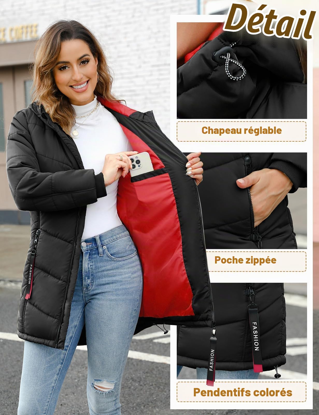 CMTOP Manteau Femme Hiver Chaude Longue Blouson À Capuche Veste Coupe Vent Mi-Long Veste Parka Zippé Hooded Manteaux Femme d'Extérieur Couleur Unie Longues Capuchon Outercoat avec Poches